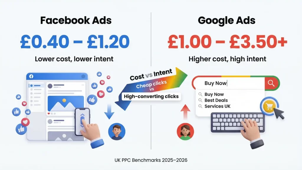Comparison chart showing Facebook ads cost per click vs Google ads cost per click for UK businesses