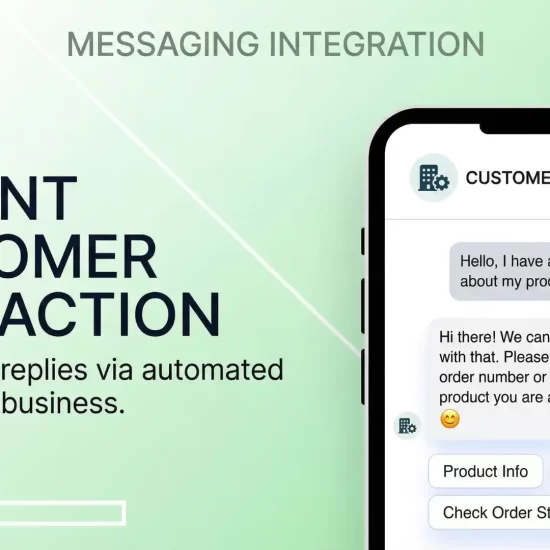 Messaging integration for business — customer sending message to business through WhatsApp chatbot on smartphone with instant reply