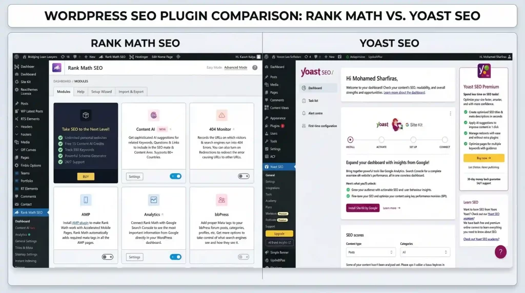 RankMath vs Yoast free features comparison — WordPress SEO plugin settings panel showing schema and redirect options
