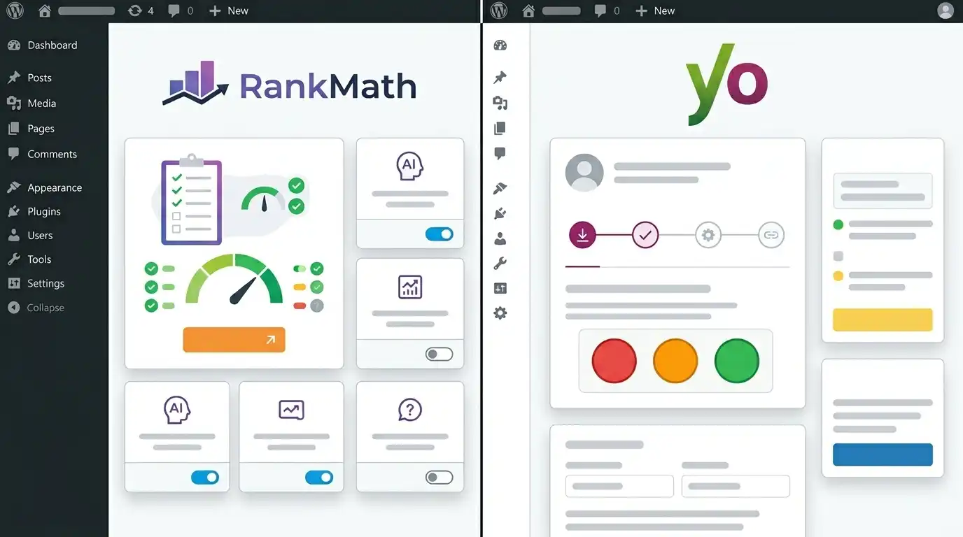 RankMath vs Yoast free features comparison — WordPress SEO plugin settings panel showing schema and redirect options