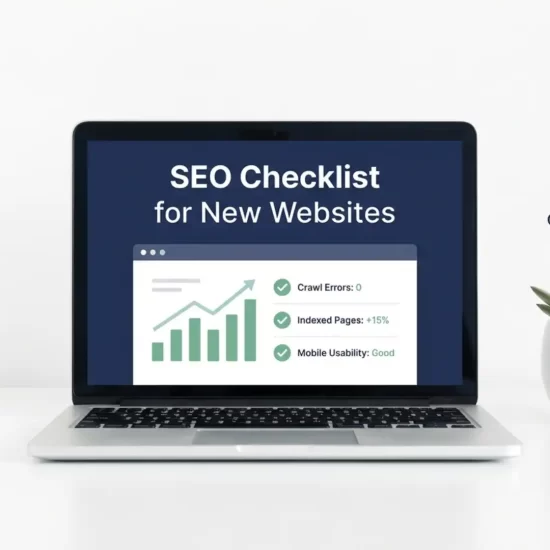 SEO checklist for new websites displayed on a laptop with Google Search Console open
