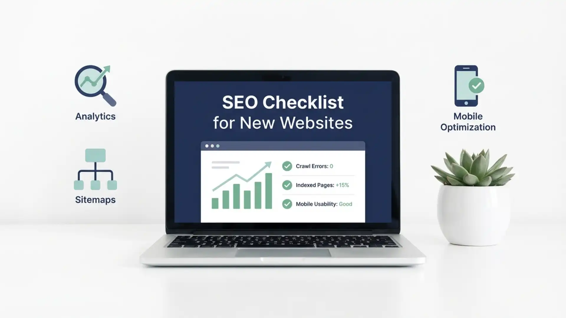 SEO checklist for new websites displayed on a laptop with Google Search Console open