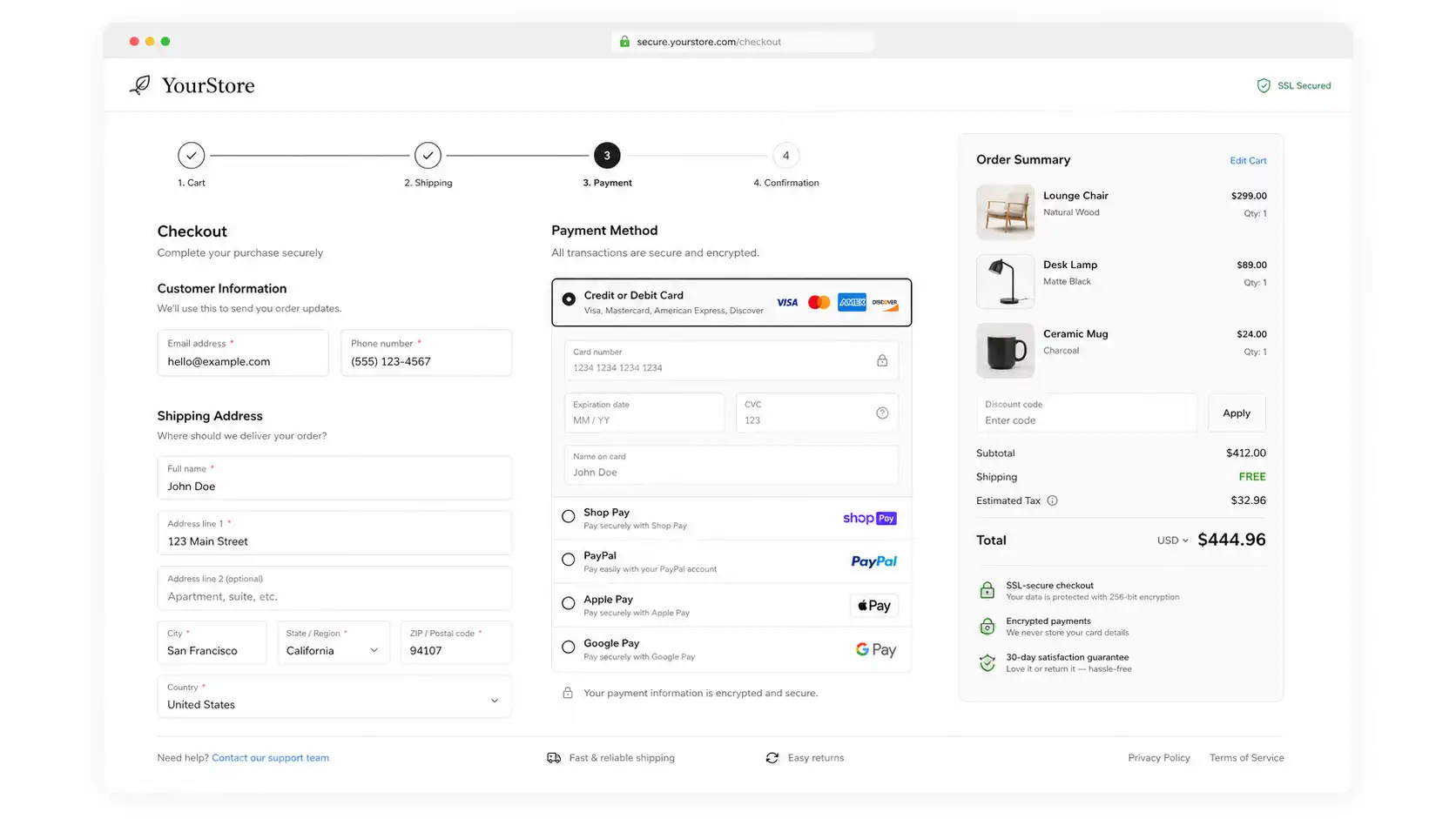 Secure ecommerce checkout and payment integration page with shipping form, card payment fields, order summary, wallet options, and SSL security cues