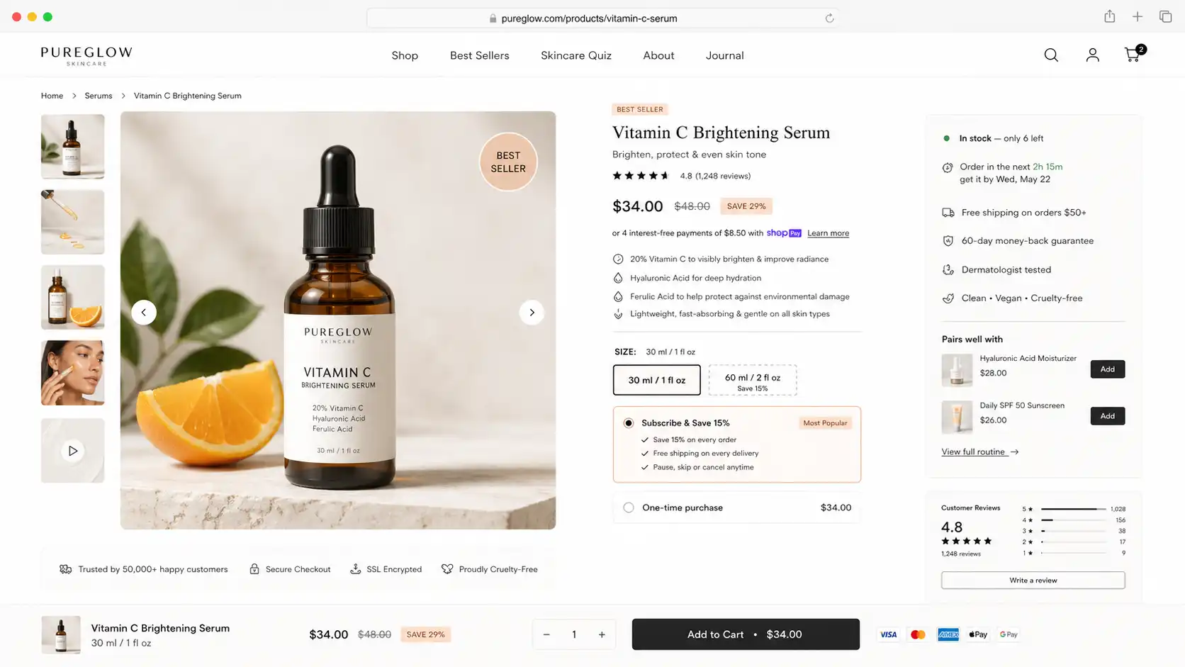 Conversion-focused ecommerce product page with product gallery, reviews, discount pricing, trust badges, subscription option, and add-to-cart bar