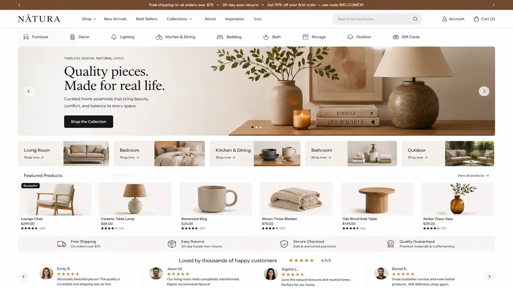 Online store website homepage design with product categories, featured products, search, cart, trust badges, and customer reviews