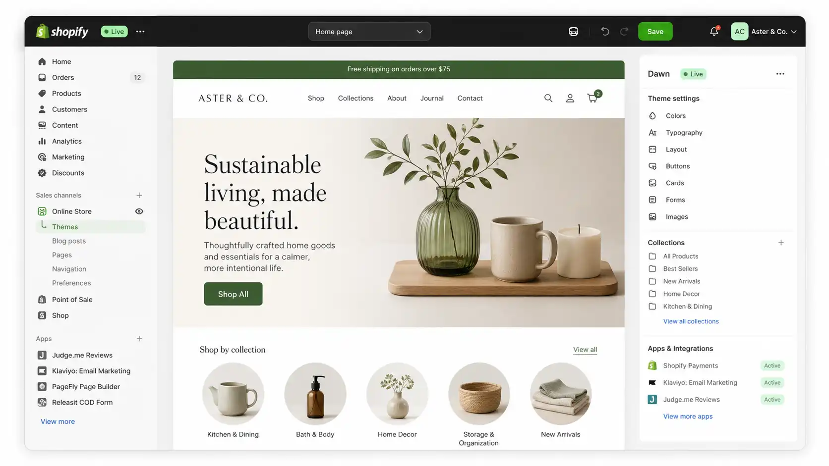 Shopify store theme editor showing storefront preview, collections, sales channels, apps, integrations, and theme settings