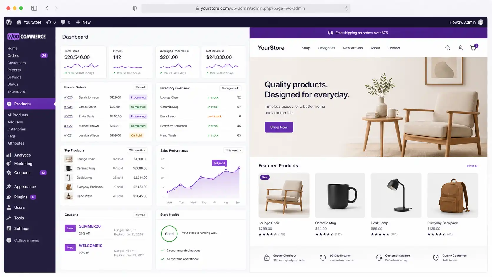 WooCommerce store dashboard showing product management, orders, inventory, coupons, analytics, and live storefront preview