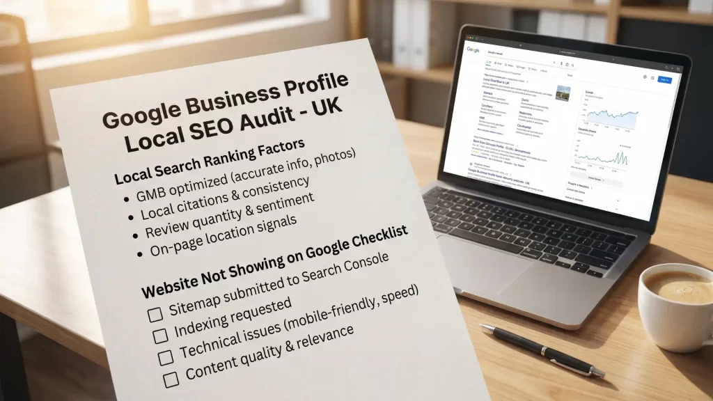 Google Business Profile local SEO audit findings — UK business reviewing local search ranking factors and website not showing on Google checklist