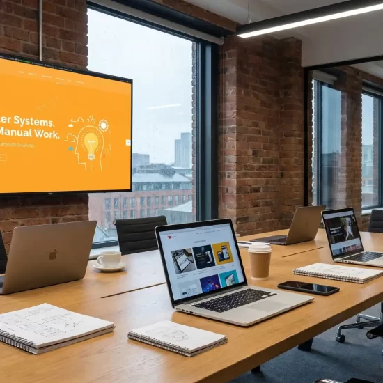 How to choose a web design agency in the UK – business owner reviewing agency portfolio on laptop
