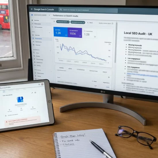 Local SEO audit revealing why website not showing on Google — UK business owner at desk reviewing Google Search Console data and Google Business Profile performance
