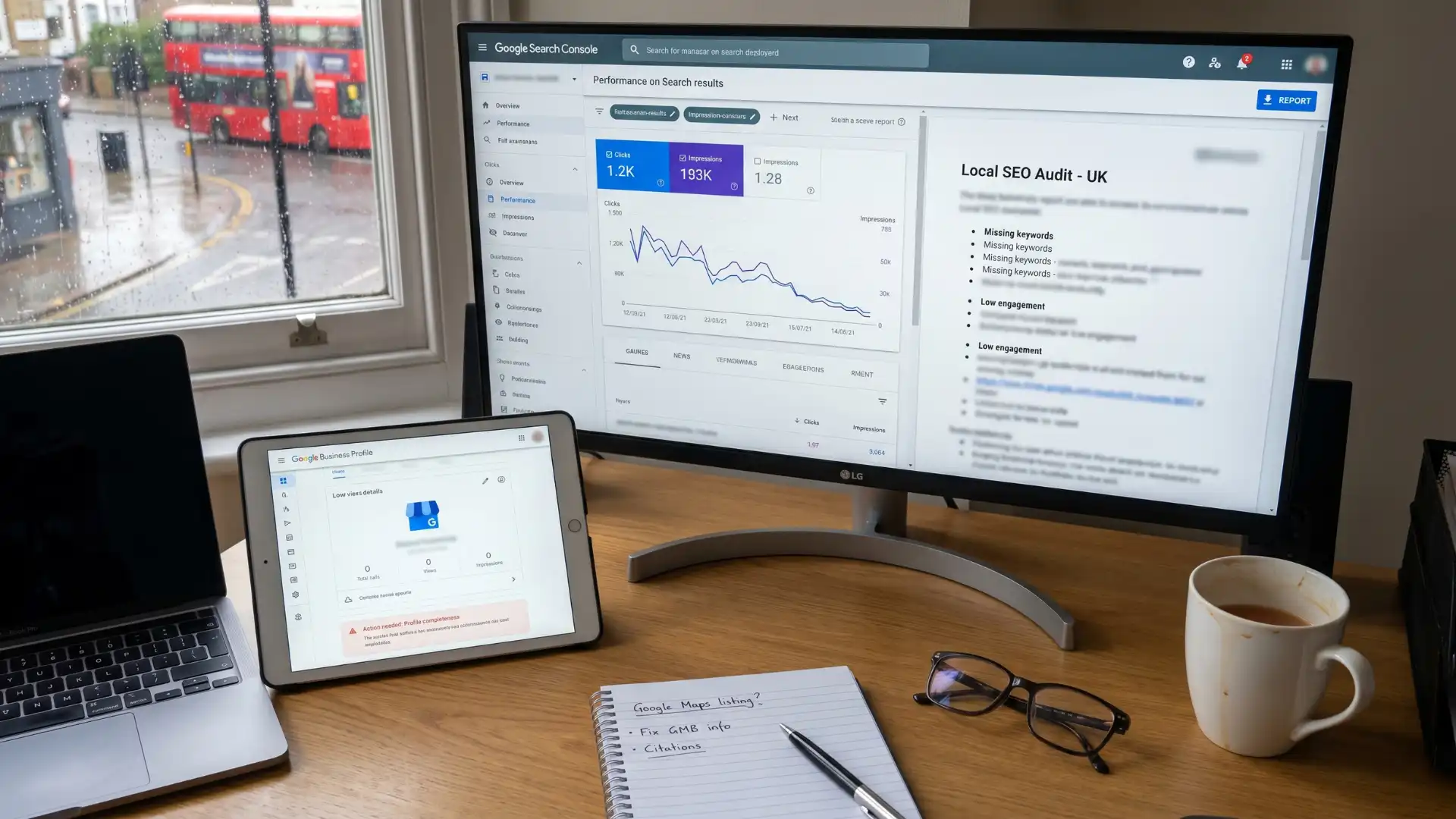 Local SEO audit revealing why website not showing on Google — UK business owner at desk reviewing Google Search Console data and Google Business Profile performance