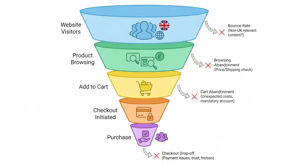 UK ecommerce conversion rate optimisation funnel showing where visitors drop off before making a purchase