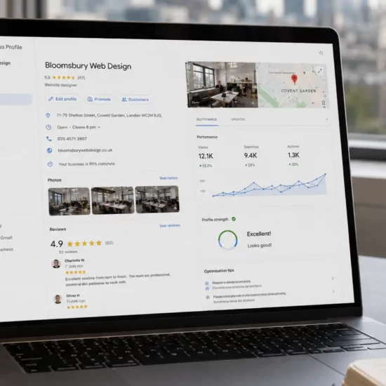 Google Business Profile local SEO setup on laptop screen for UK small business