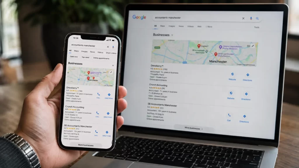 Google Maps ranking showing local pack search results for UK businesses