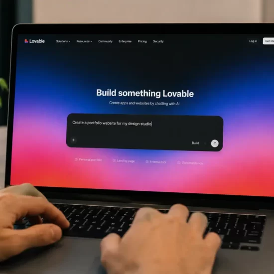 Lovable AI website builder — user typing a text prompt into an AI interface to generate a website on screen