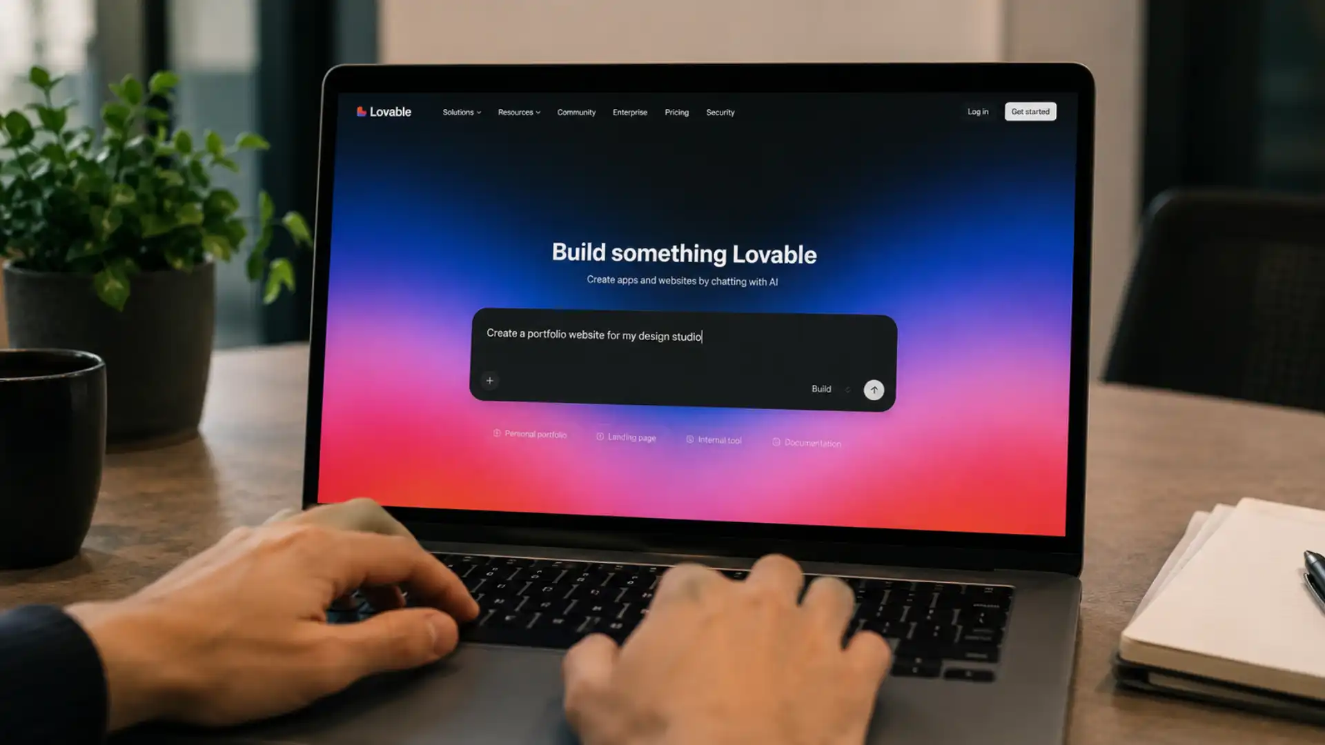Lovable AI website builder — user typing a text prompt into an AI interface to generate a website on screen