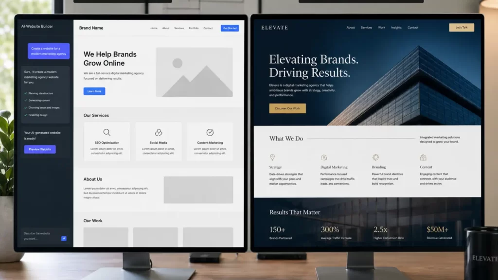 AI web design tools for small businesses — side-by-side comparison of an AI-generated website prototype and a professionally designed website