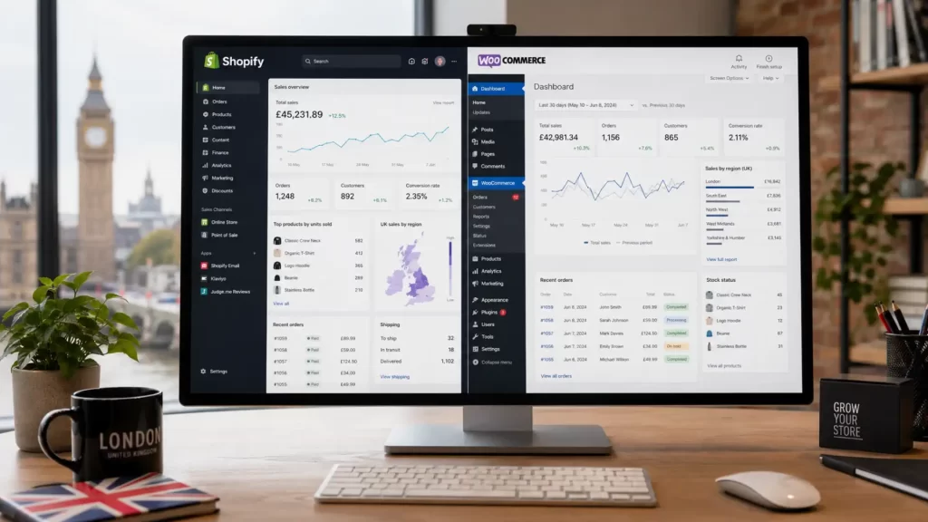Shopify vs WooCommerce dashboard comparison for UK online store management