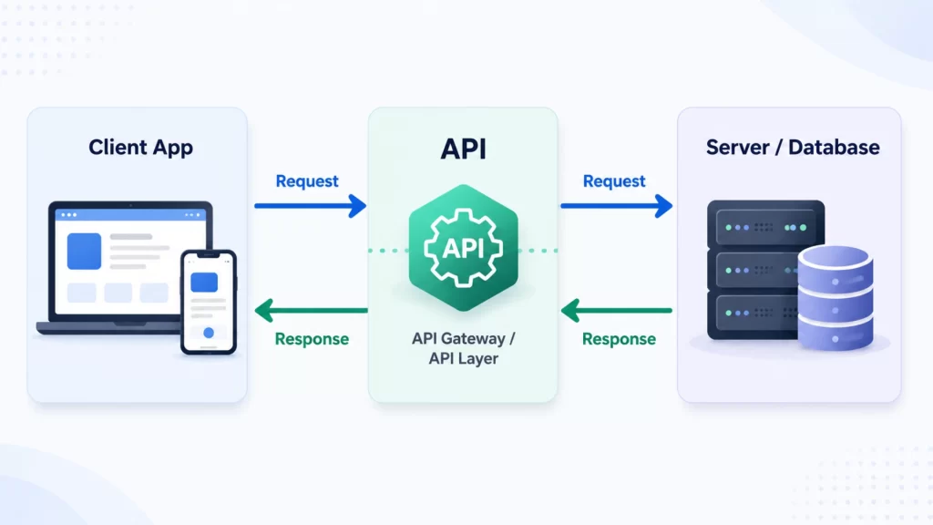 API request and response diagram — client sending request to server through an API bridge