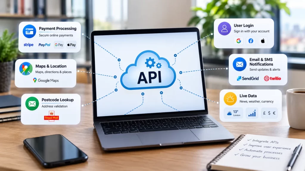 Common API examples for business websites — payment, maps, postcode, login and notification icons