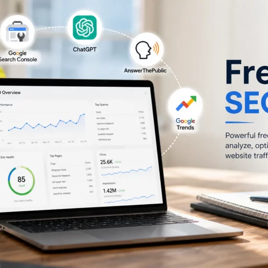 Free SEO tools on a laptop