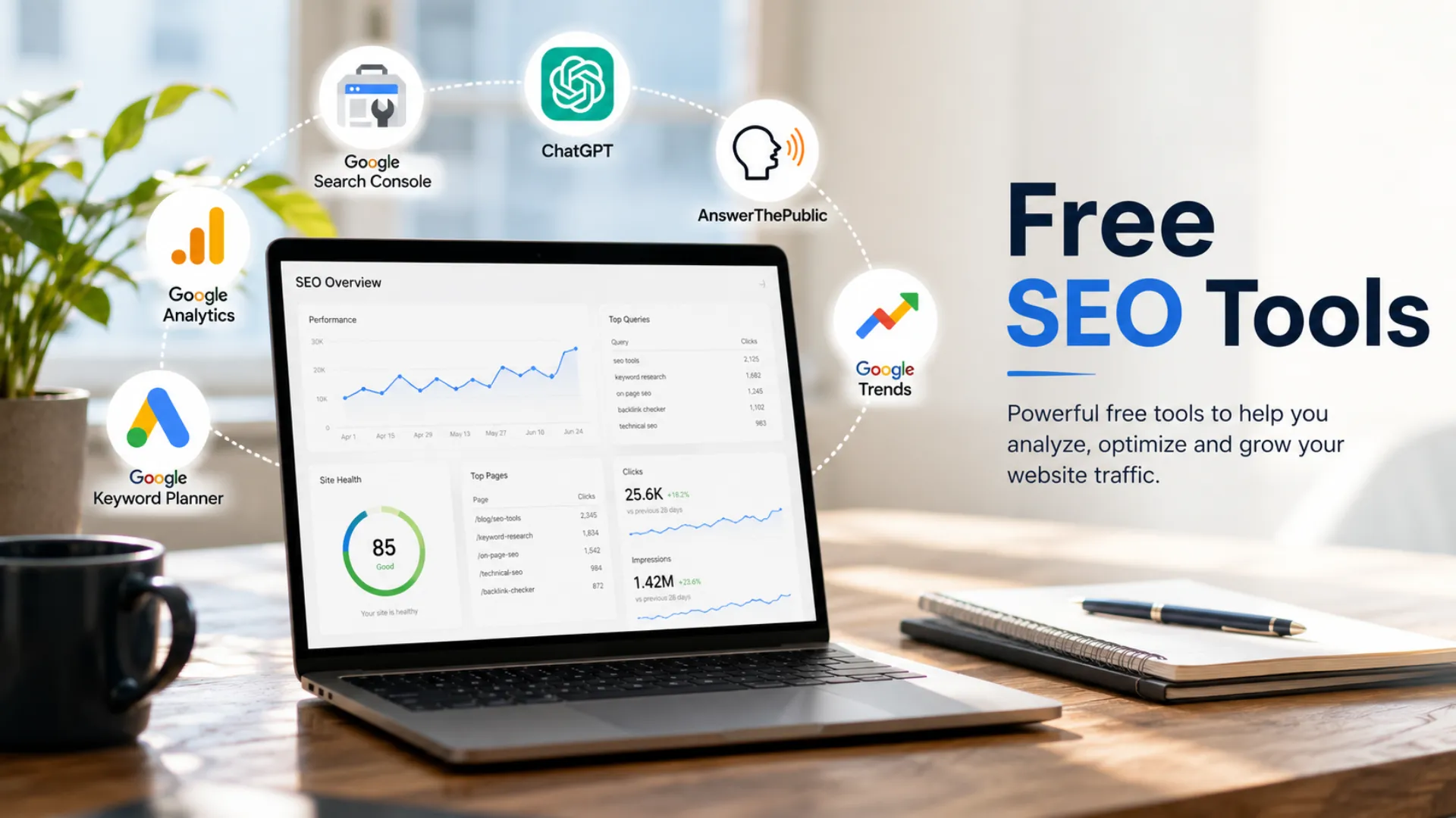 Free SEO tools on a laptop