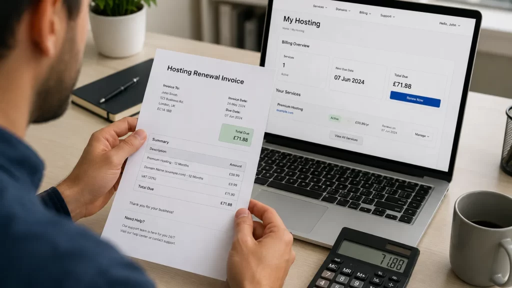 Reviewing a hosting renewal price bill and invoice