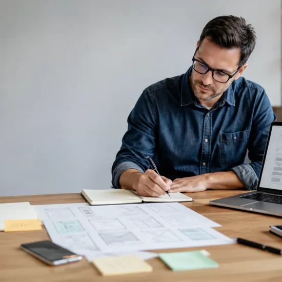 How to write a website brief — business owner sitting at desk writing notes with laptop open