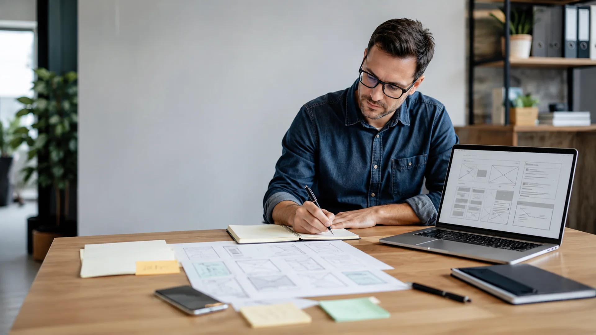 How to write a website brief — business owner sitting at desk writing notes with laptop open