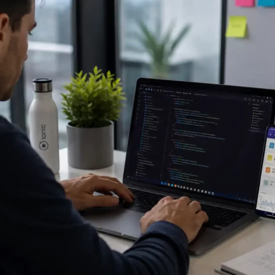 Ionic app development in 2026 — developer building a hybrid mobile app on a laptop