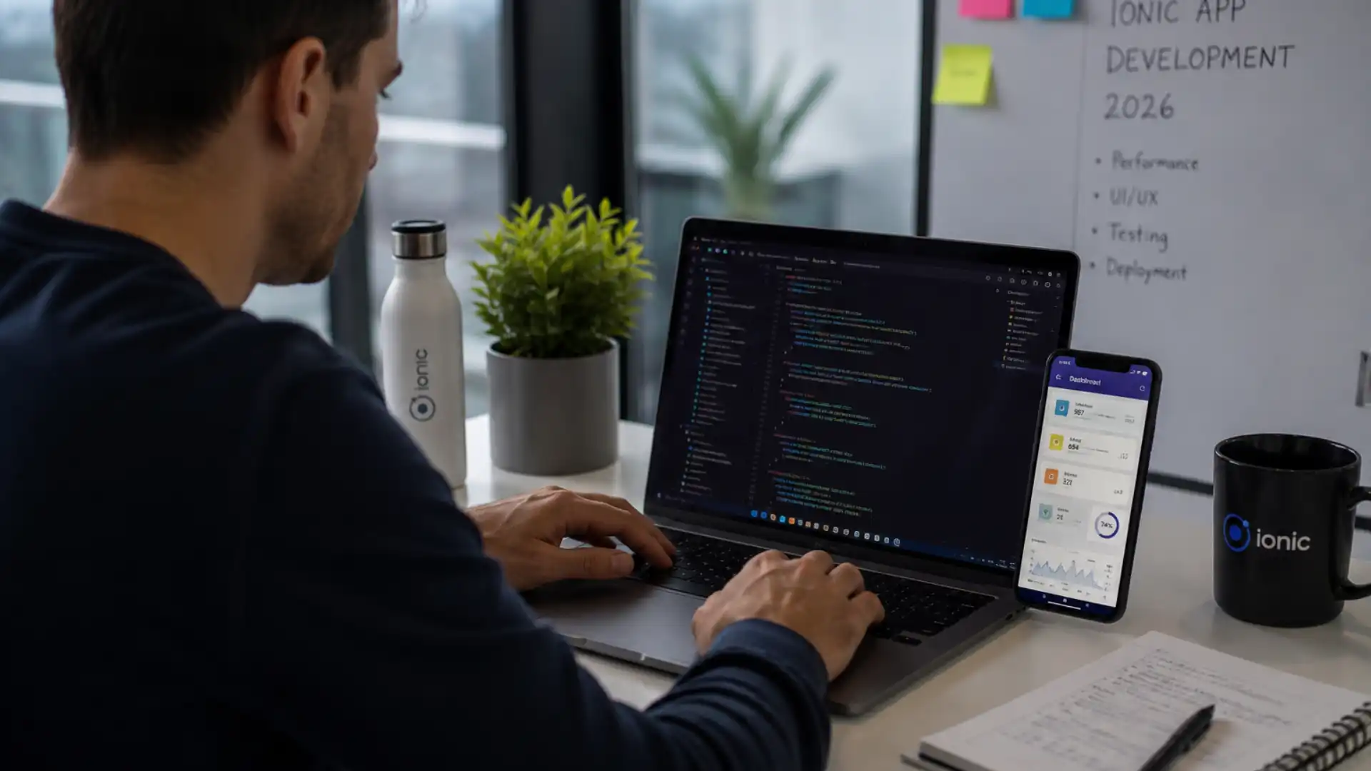 Ionic app development in 2026 — developer building a hybrid mobile app on a laptop