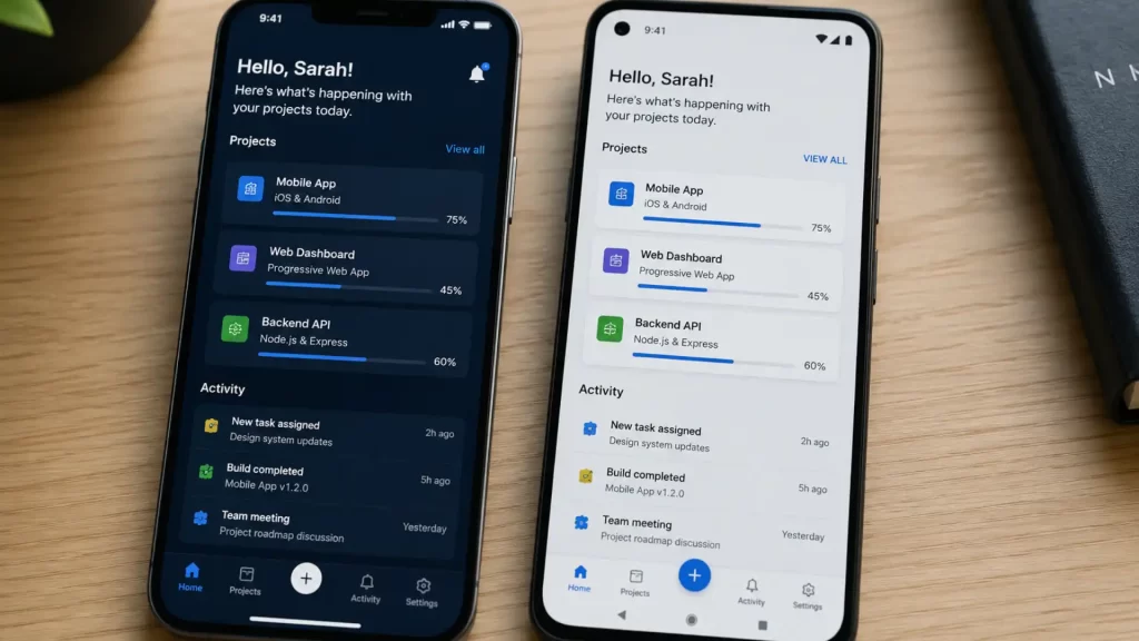 Ionic framework mobile app deployed on iOS and Android smartphone screens