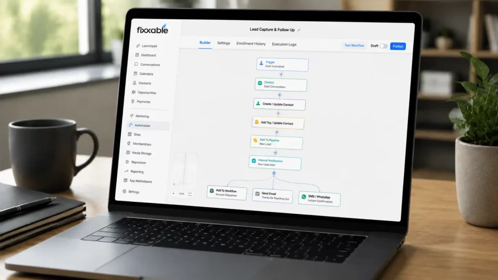 website automation system capturing leads through chatbot and CRM workflow
