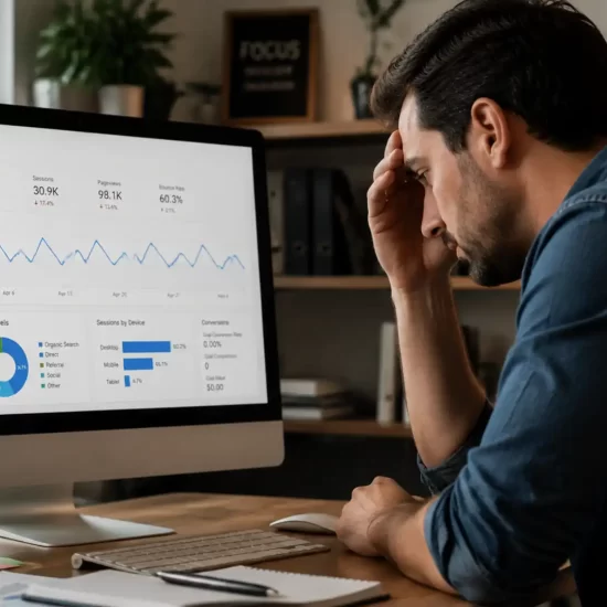 website not generating leads - business owner reviewing analytics with no enquiries