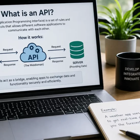 What is an API — developer connecting two applications with data flowing between them on a screen