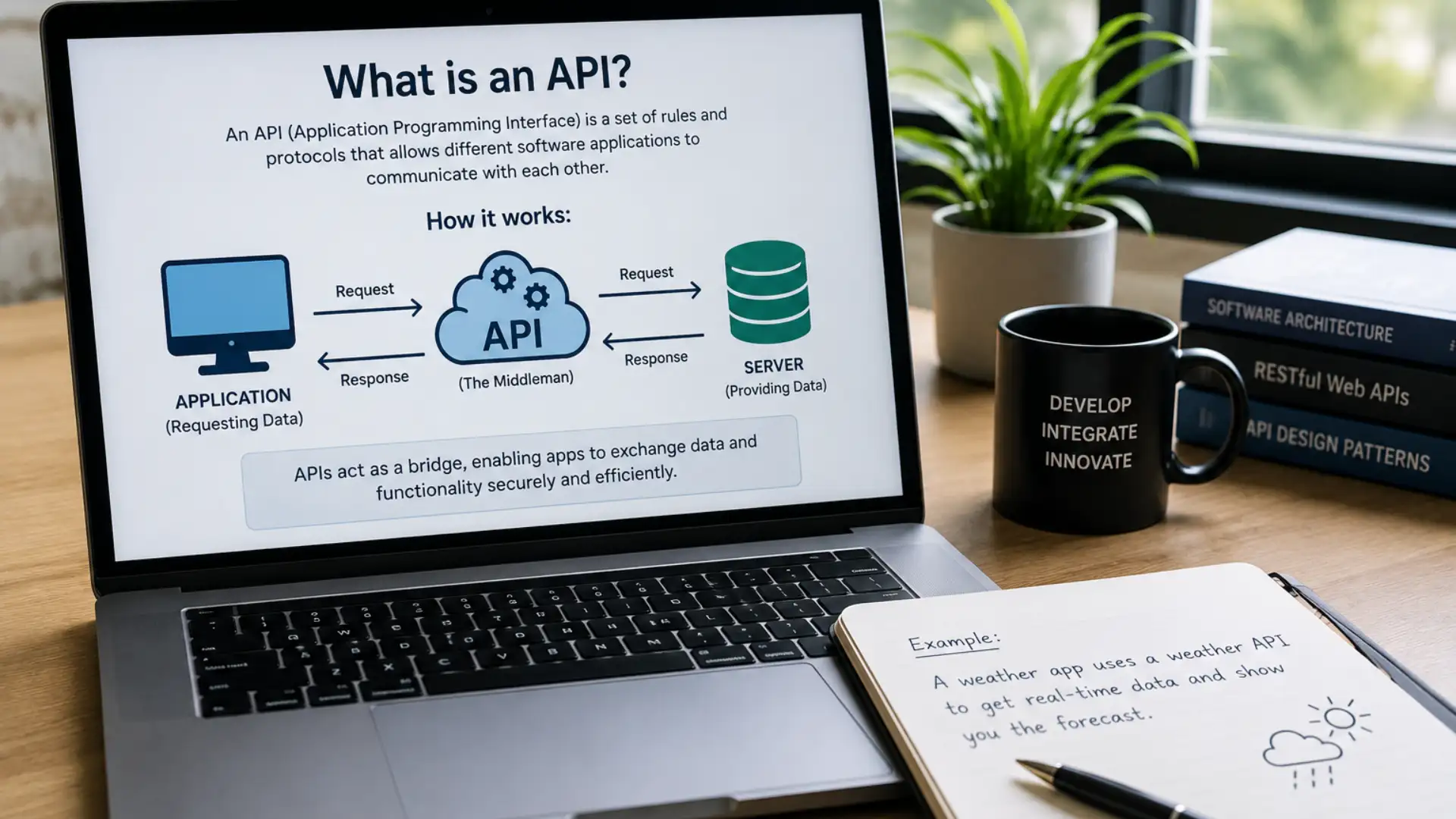What is an API — developer connecting two applications with data flowing between them on a screen