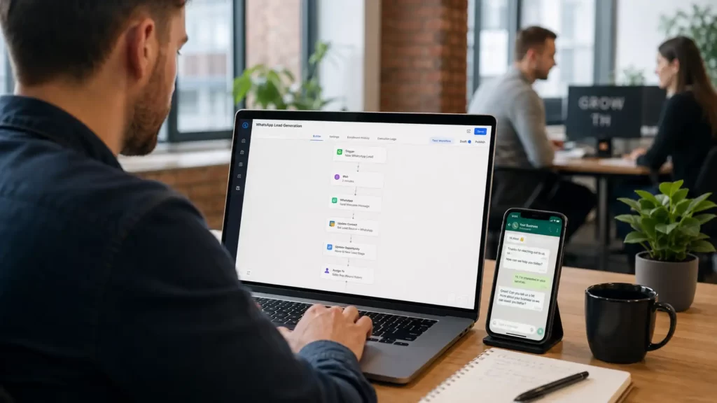 WhatsApp lead generation workflow connecting automated WhatsApp messages with a CRM