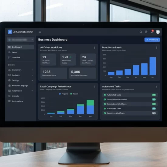 AI automation for Manchester businesses shown as a workflow dashboard reviewed by a team