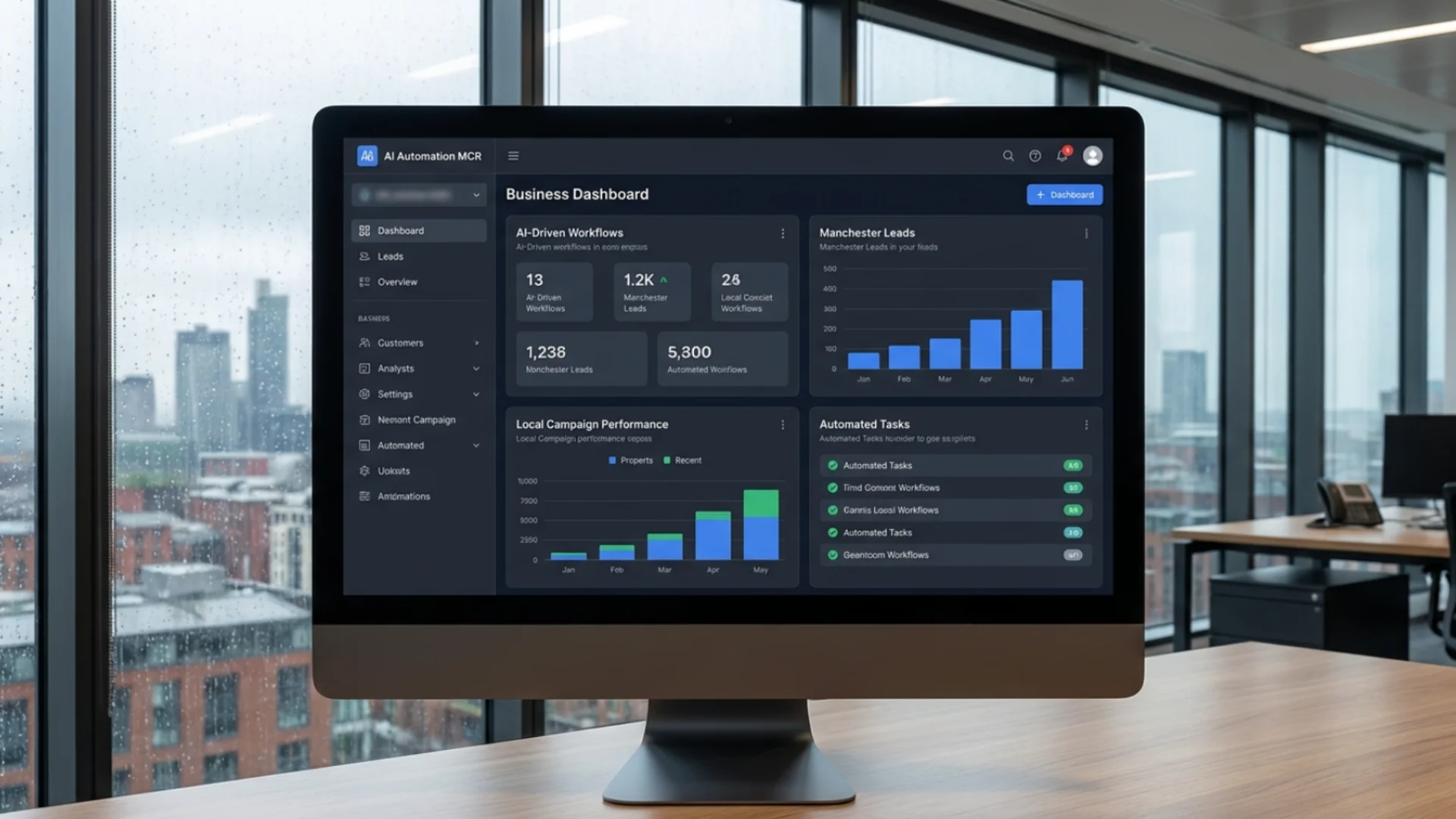 AI automation for Manchester businesses shown as a workflow dashboard reviewed by a team