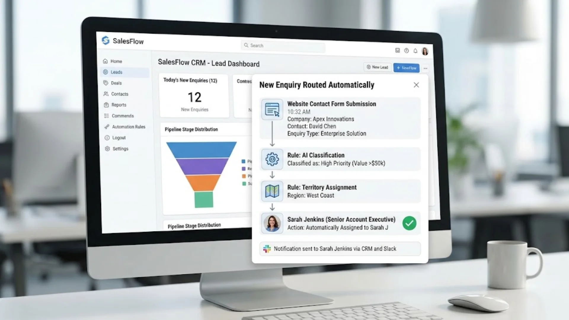 CRM screen showing an incoming lead automatically routed to the right team