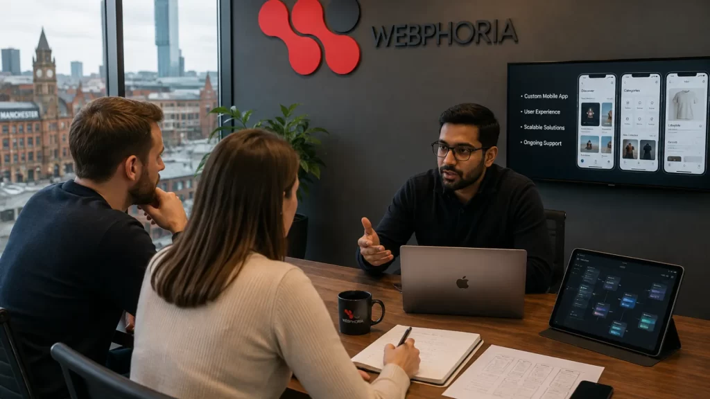 App development company Manchester — client reviewing a completed mobile app with a developer in an agency meeting room