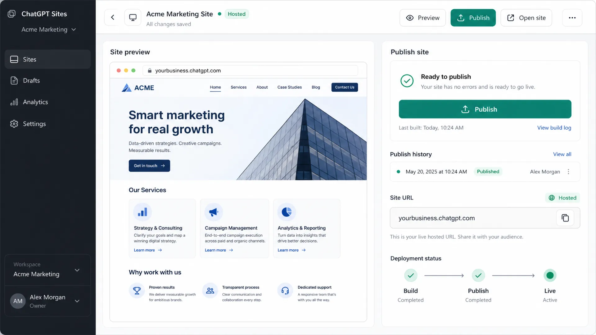 ChatGPT Sites preview and publish workflow for a hosted website