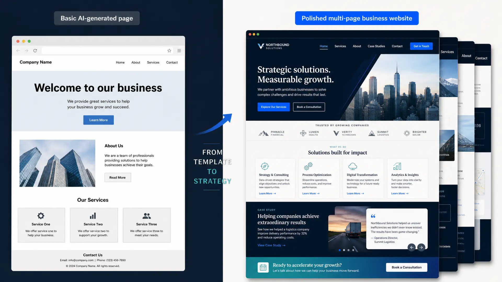 Comparing a simple AI-generated page with a professionally built business website