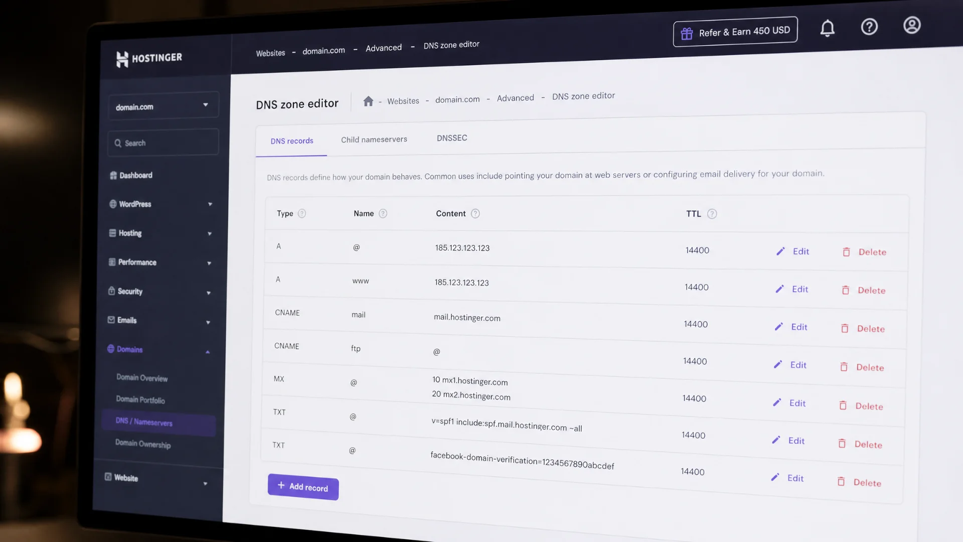 Domain registrar control panel showing DNS management settings