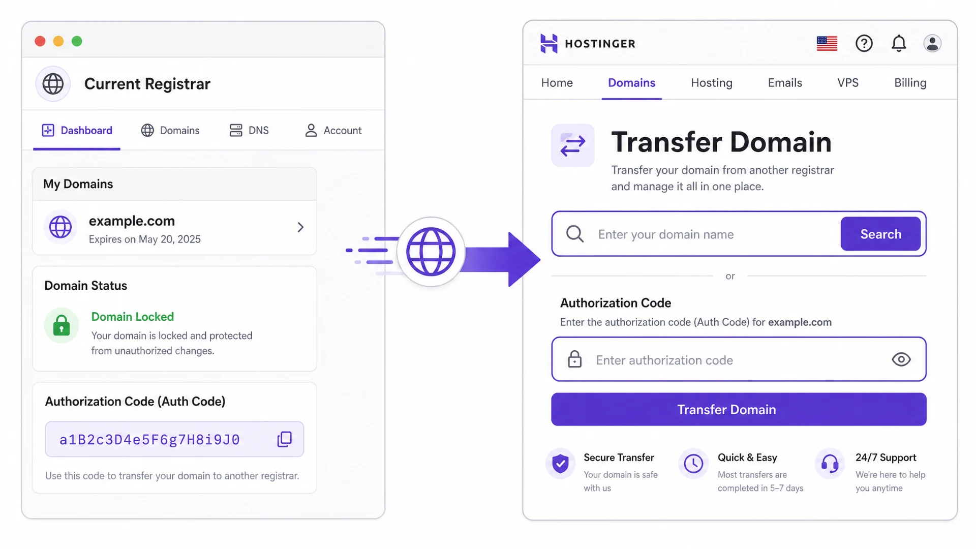 Diagram showing a domain name being transferred between two registrars