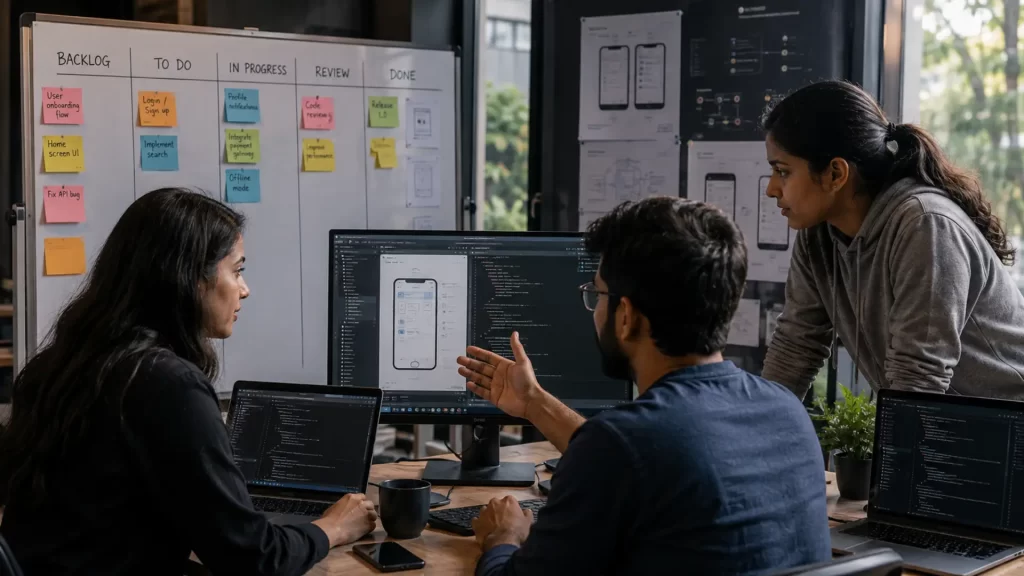 Development team tracking mobile app build stages