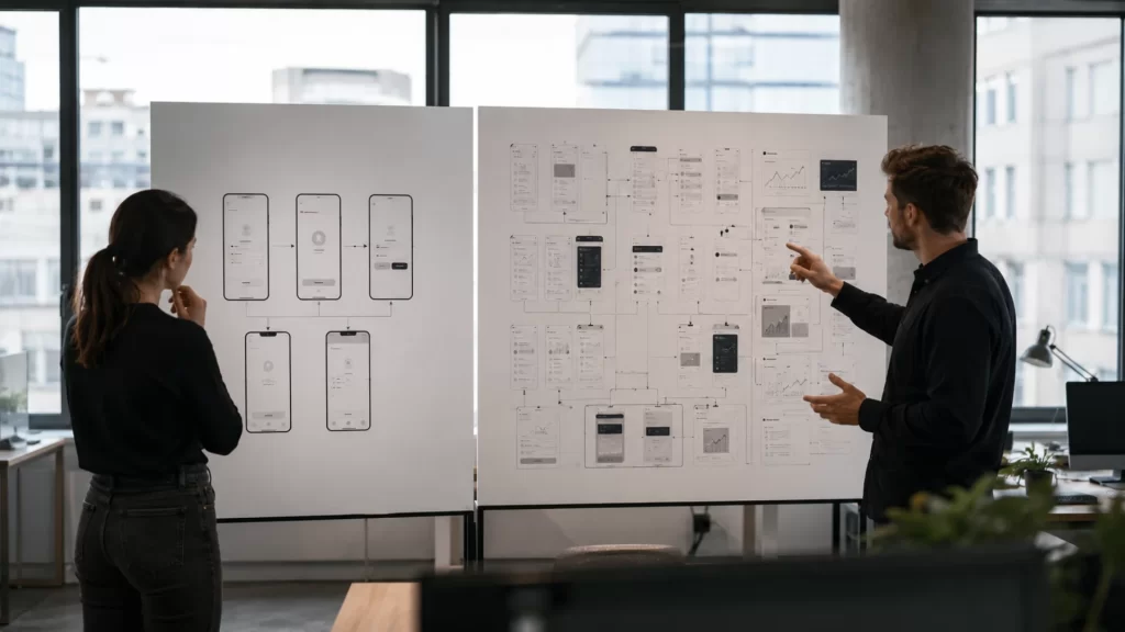 Comparison of a simple app wireframe against a complex multi-screen app wireframe