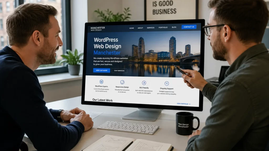 Web design Manchester agency — client reviewing completed WordPress website with web designer in office