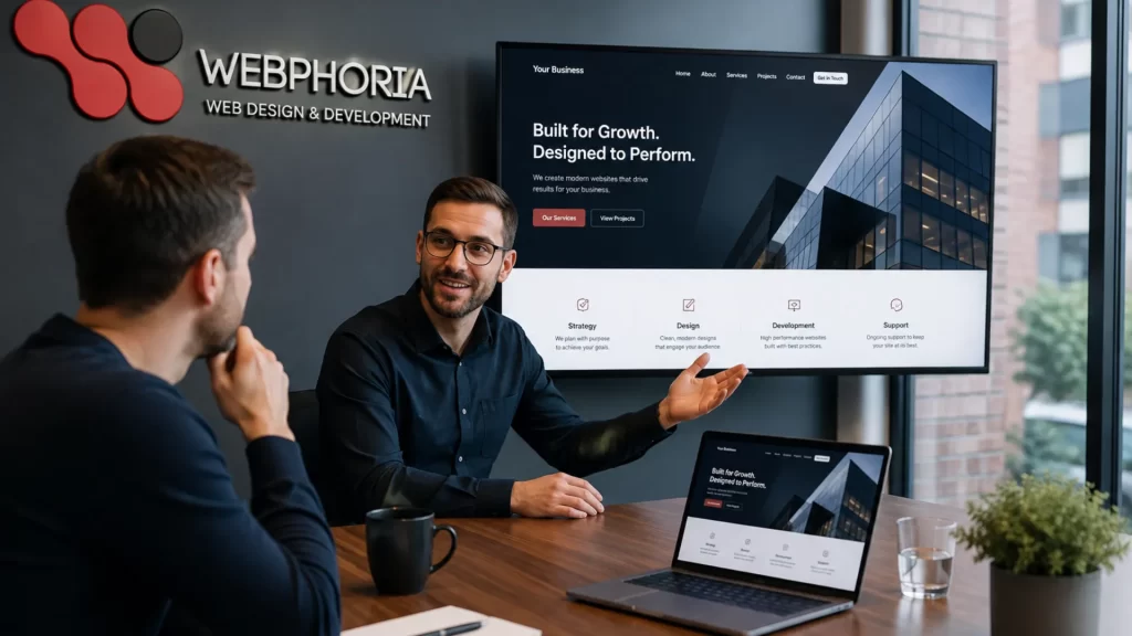 Web design Manchester agency — web designer presenting a new website redesign to a business client in a meeting room
