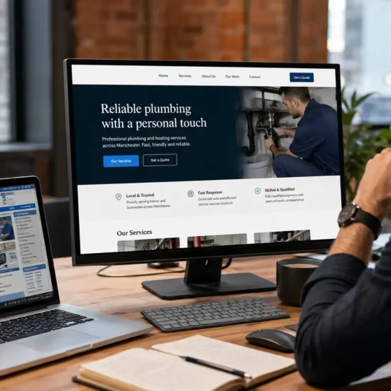 Website redesign Manchester — designer reviewing an outdated business website on a laptop next to a wireframe of a new design